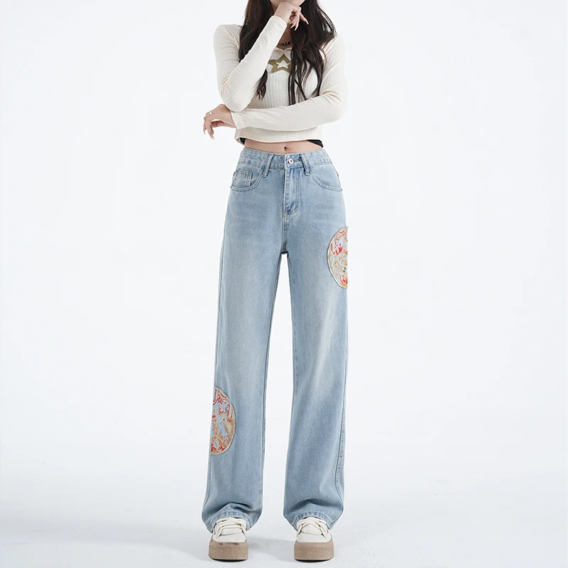 2024春新中式国风牛仔裤女春季设计感国风刺绣高腰显瘦窄版阔腿裤