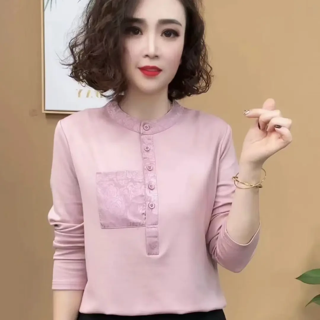 2024新品时尚百搭圆领长袖宽松纯色打底衫上衣法式风格2050周岁适