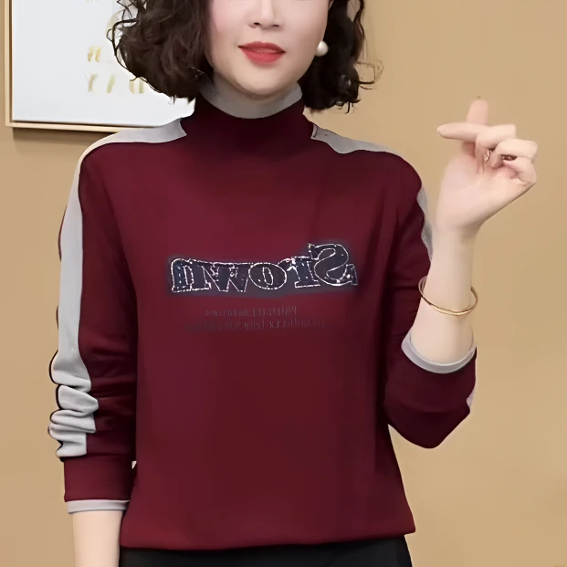 2024新款时尚洋气百搭半高领气质字母长袖打底衫女士加厚套头上衣