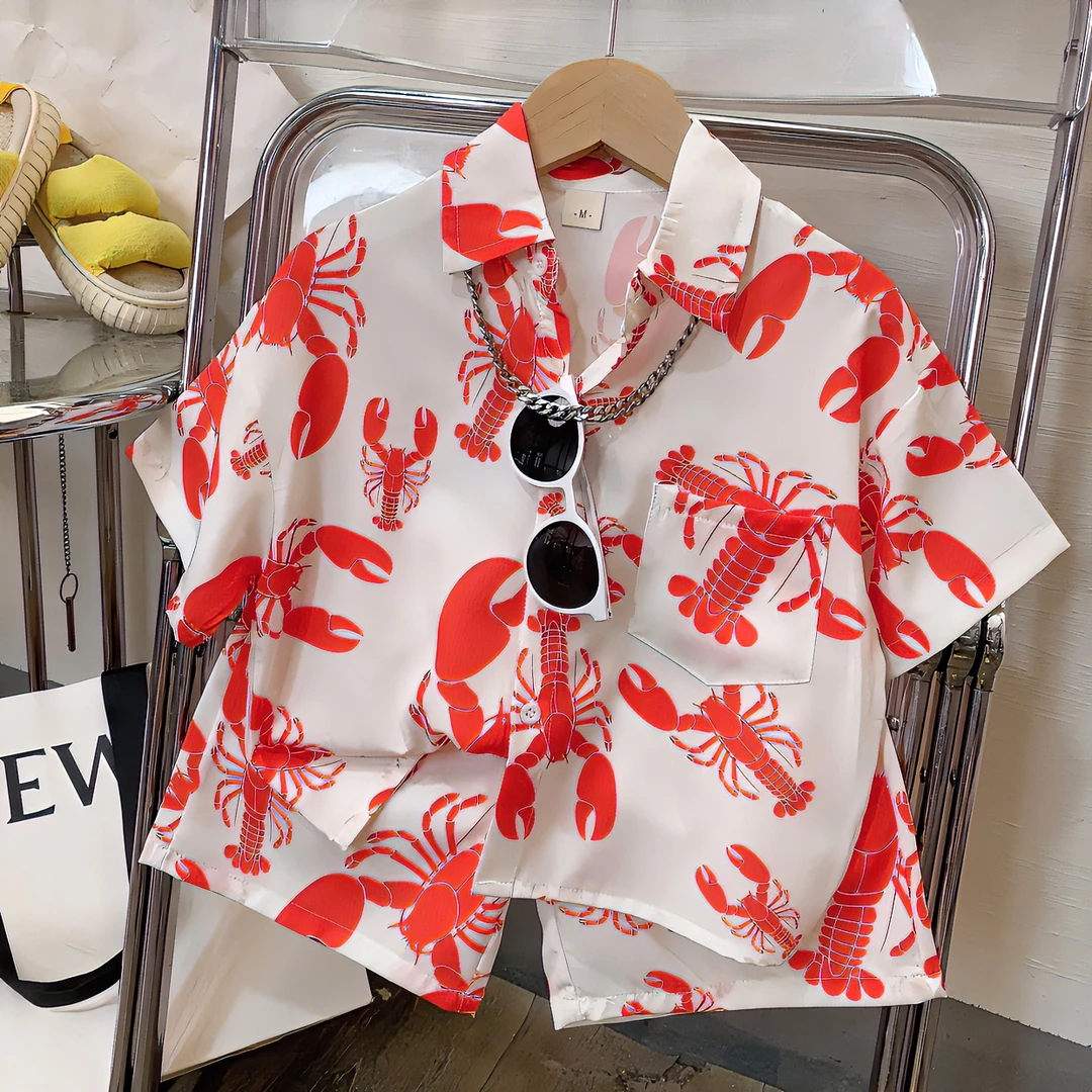 儿童韩版衬衫套装男童夏季款衬衫短裤两件套潮童卡通套装