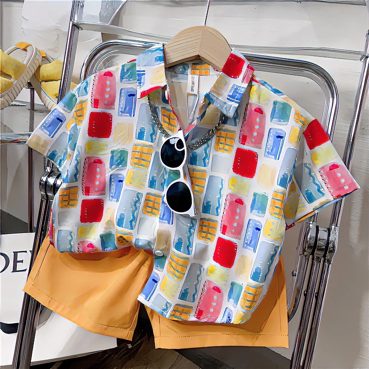 儿童夏款韩版度假风衬衫套装男童薄款个性短袖衬衫短裤两件套潮童