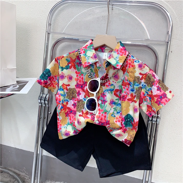 儿童韩版度假风衬衫套装中小童男童帅气短袖碎花衬衫短裤两件套潮