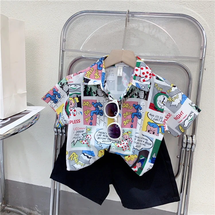 儿童夏款卡通衬衫套装男童中小儿童韩版帅气短袖衬衣短裤两件套潮