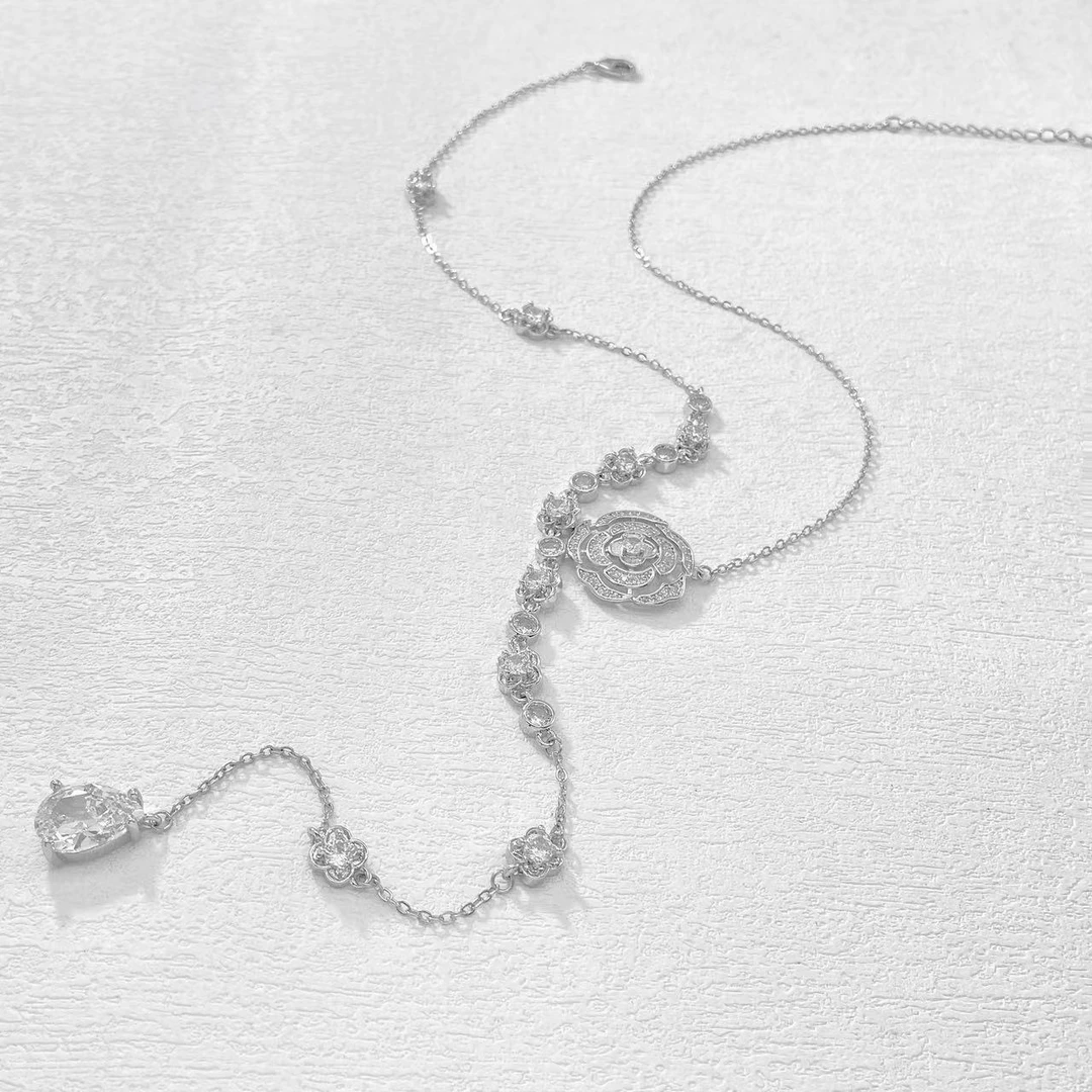 铜合金项链 木木（RZ5664） 50厘米 满镶山茶花雨滴流苏长项链