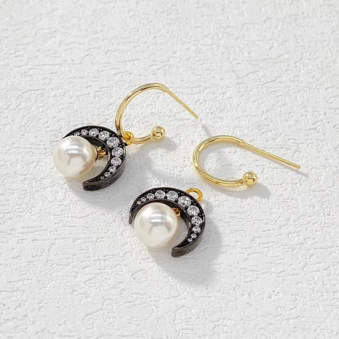 铜合金耳饰 木木（YS131）月牙满镶珠子耳饰