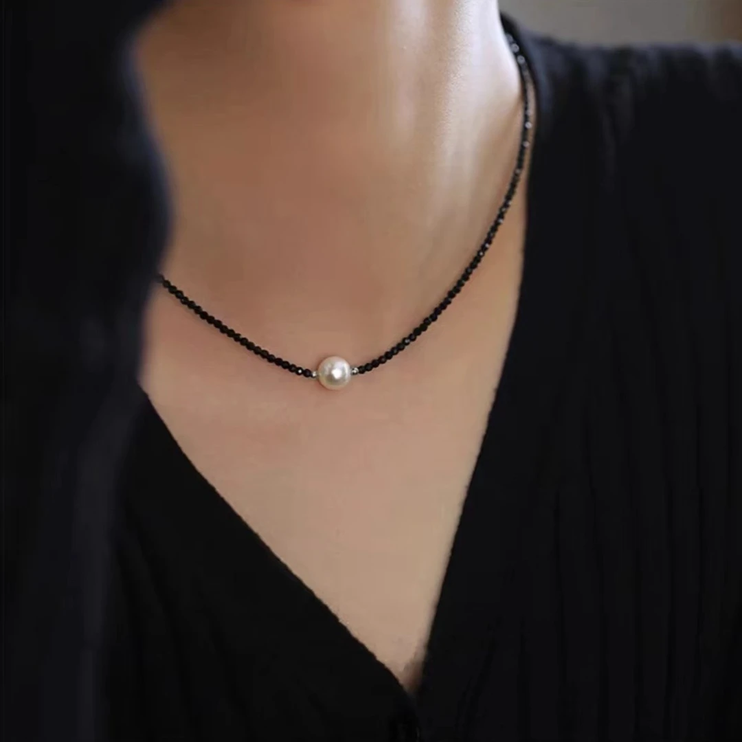 坠链均925银 木木（LY2048）46厘米 单颗珠珠黑色晶晶串珠颈链
