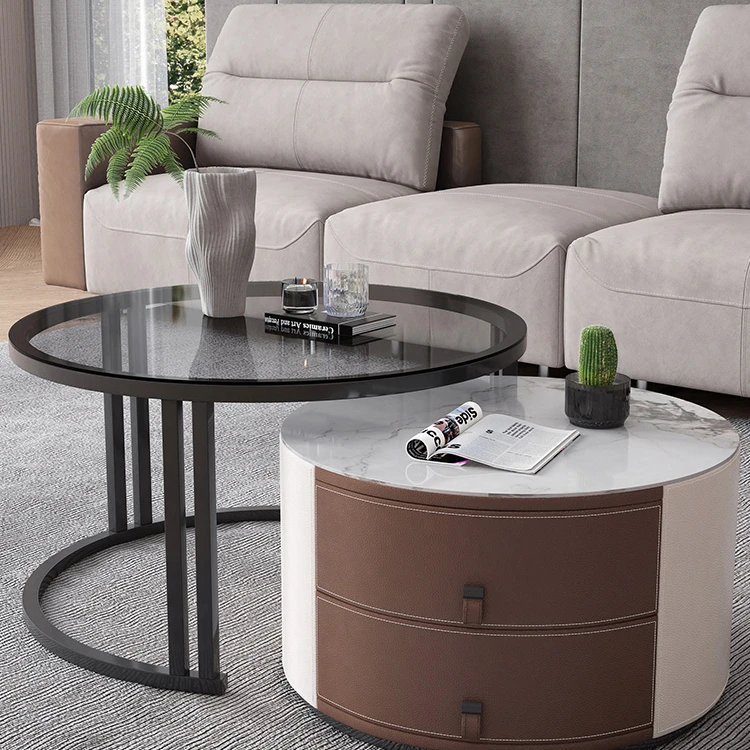 马鞍皮茶几岩板轻奢客厅创意简约北欧极简储物可移动家用意式