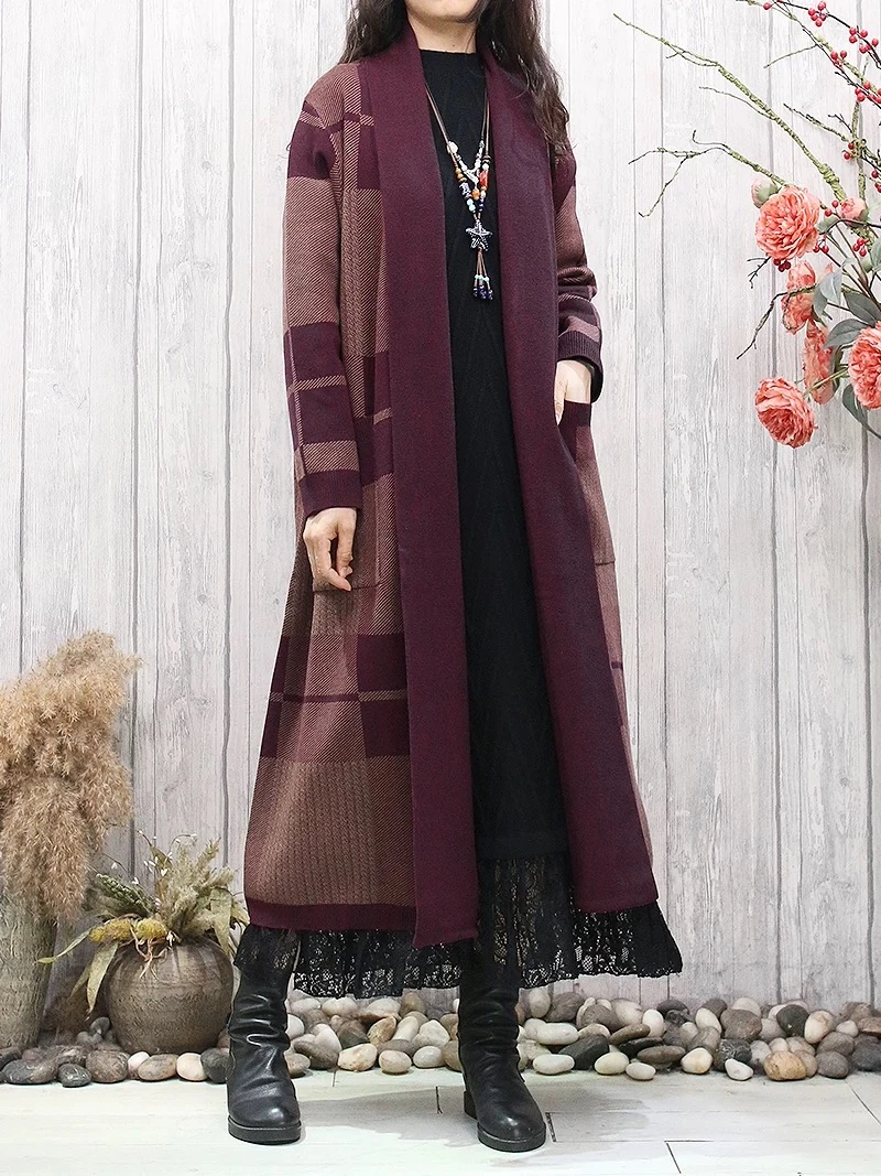 复古长款风衣2024新大码宽松文艺禅意格纹针织外套46