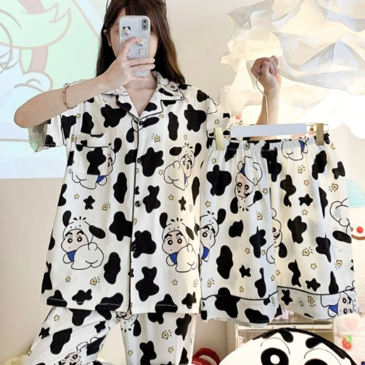 【三件套奶牛小新】夏季ins风卡通短袖三件套睡衣女家居服套装5771
