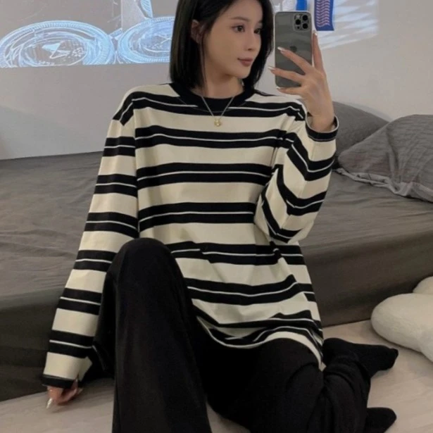 【金玉优选】可外穿睡衣女春秋季长袖简约条纹秋冬家居服套装宽松