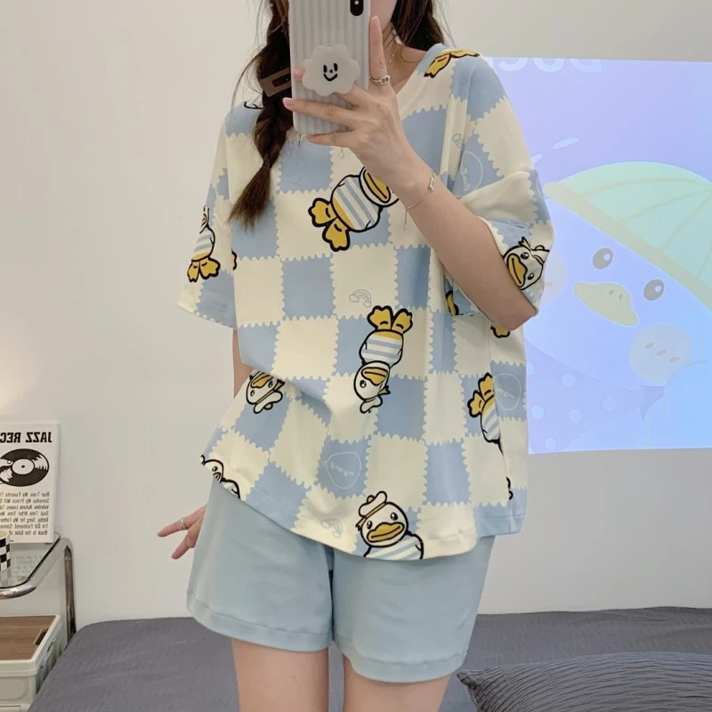 夏季睡衣女时尚新款可爱短袖短裤卡通圆领睡衣宽松夏天家居服套装