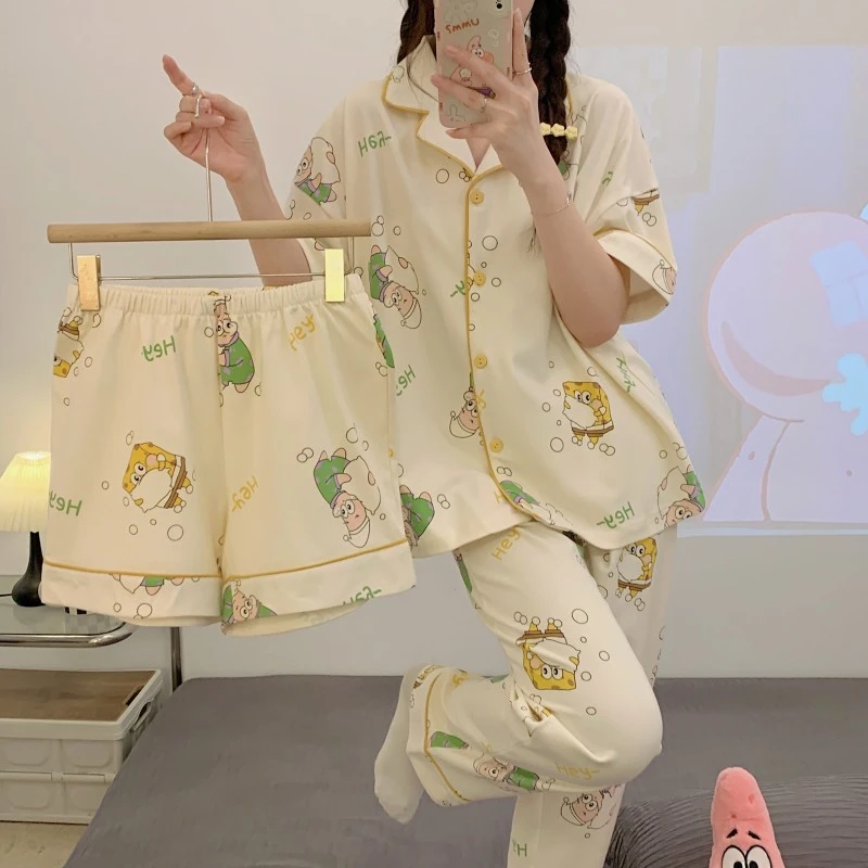 【三件套】夏季ins风卡通短袖长裤三件套休闲睡衣女家居服套装