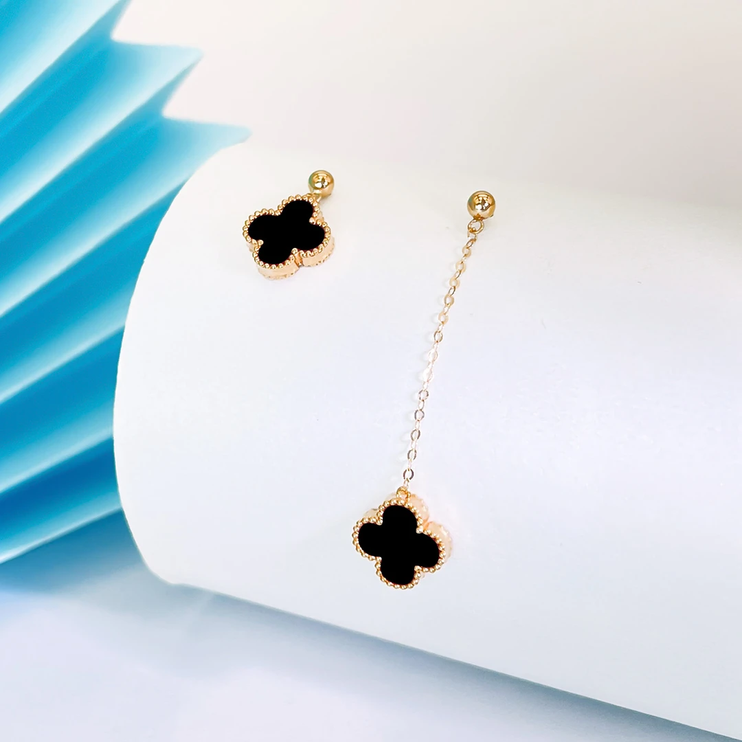 卡伊珠宝18K金四叶草一长一短耳钉女黑玛瑙AU750彩金玫瑰金幸运草