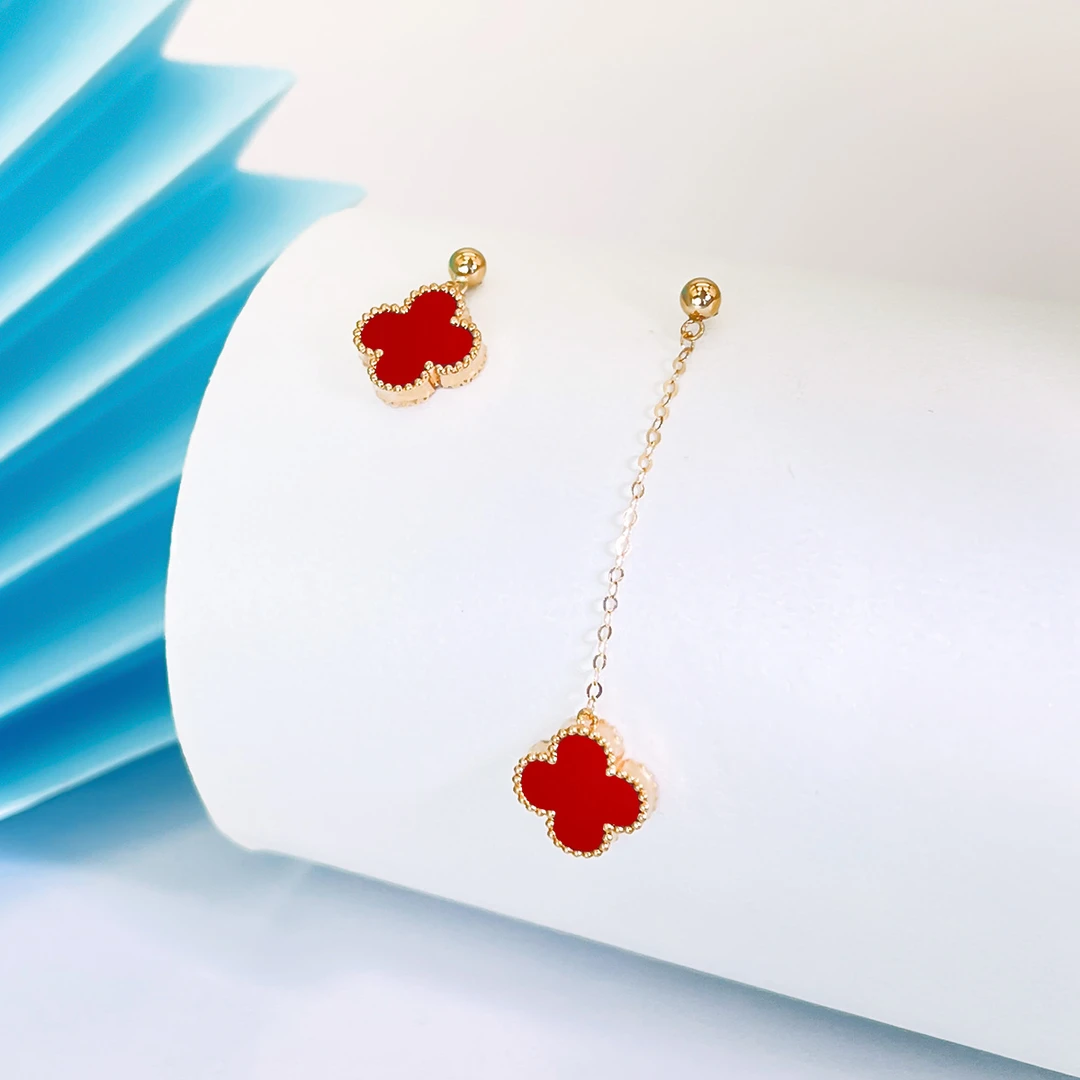 卡伊珠宝18K金四叶草一长一短耳钉红玛瑙AU750彩金玫瑰金幸运草