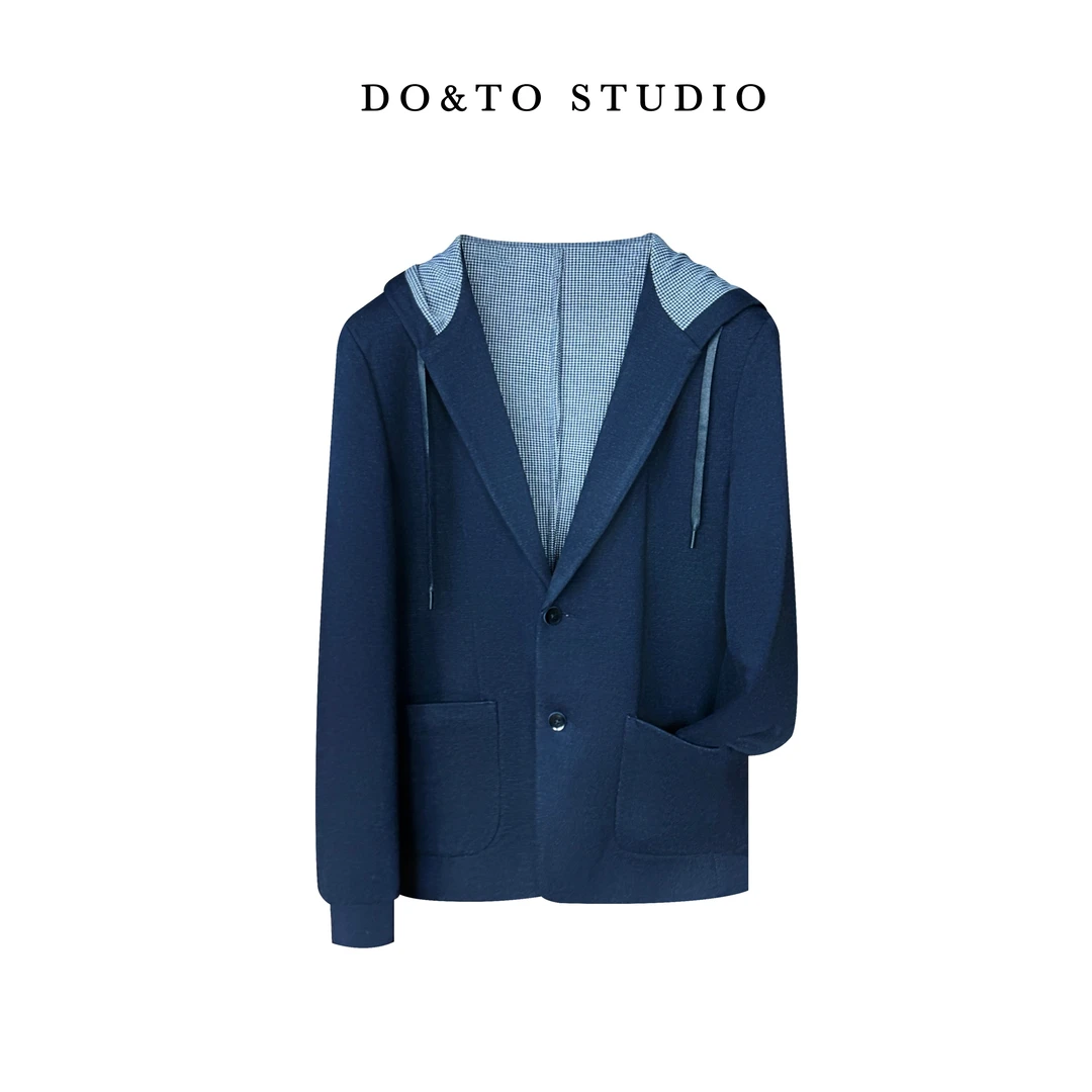 DYZ-男士秋冬藏蓝色针织弹力时尚连帽千鸟格纹休闲西服