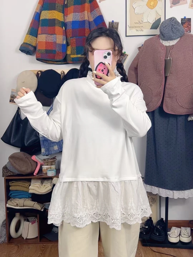 阿楠-宽松休闲大版蕾丝拼接加厚打底衫