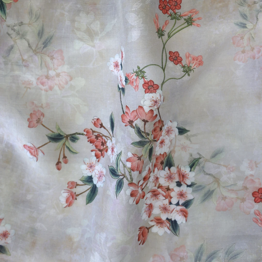 苎麻布料数码印花42支纯苎麻 海棠花 软硬适中 印染面料