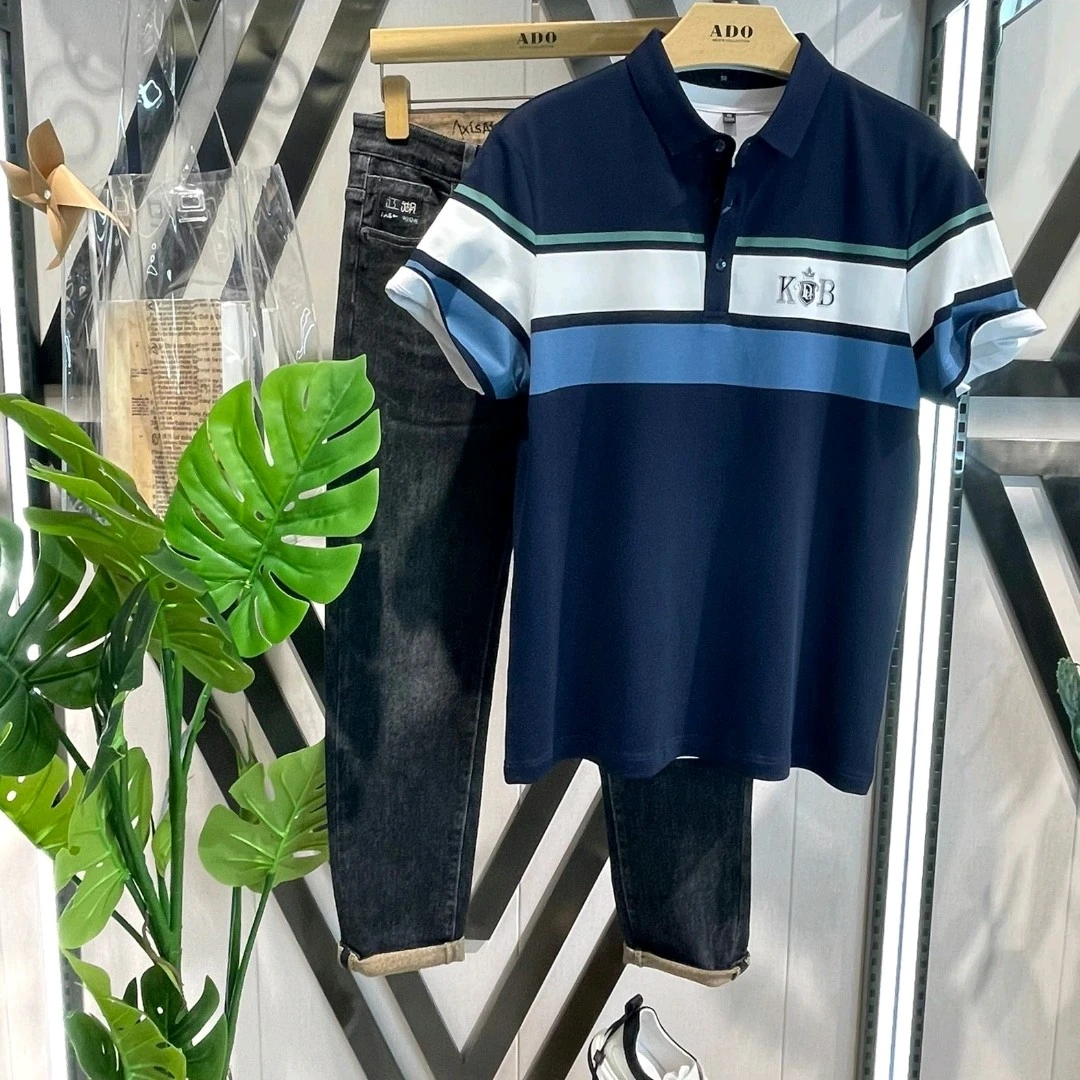 夏季男士蓝色翻领休闲条纹polo衫