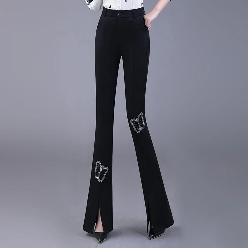 高档镶钻长裤女2025秋季新款垂感显瘦微喇叭裤时尚带刺绣黑色裤子