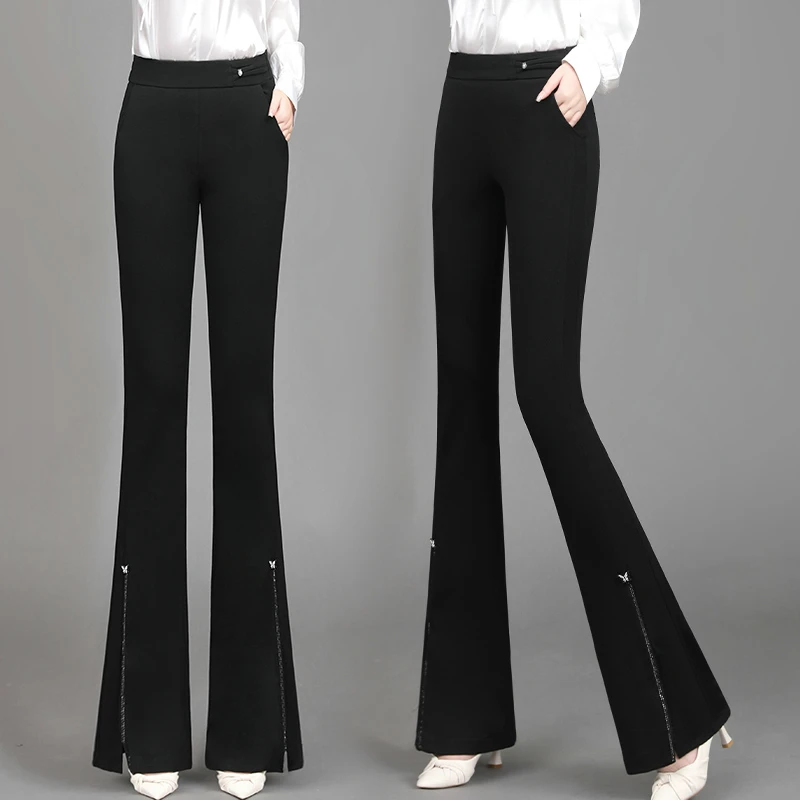 气质微喇裤女黑色长裤秋冬新款西裤高腰显瘦开叉烫钻喇叭裤子新款