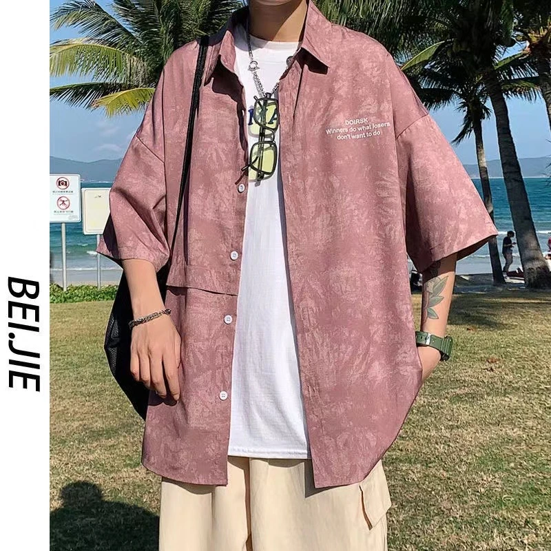 冰丝扎染短袖衬衫男生夏季海边潮牌衬衣薄款宽松大码上衣印花外套