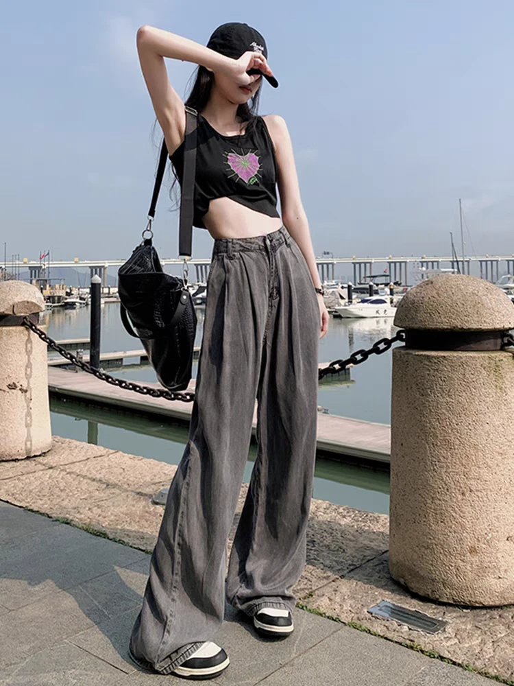 黑灰天丝牛仔裤女2024年夏季薄款高腰拖地裤子凉感宽松显瘦阔腿裤