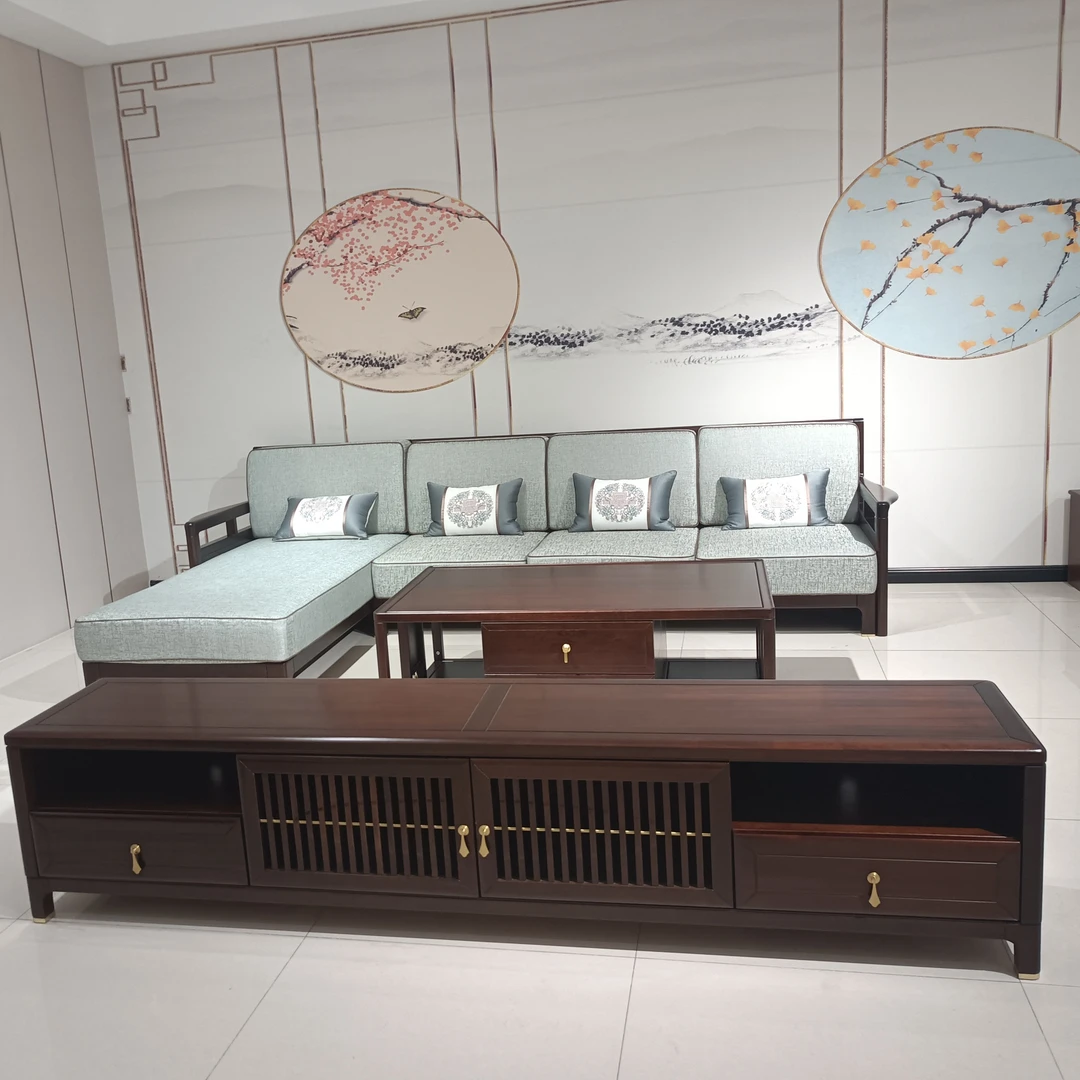 新中式实木转角3.5茶几1.4电视柜2.4三件套