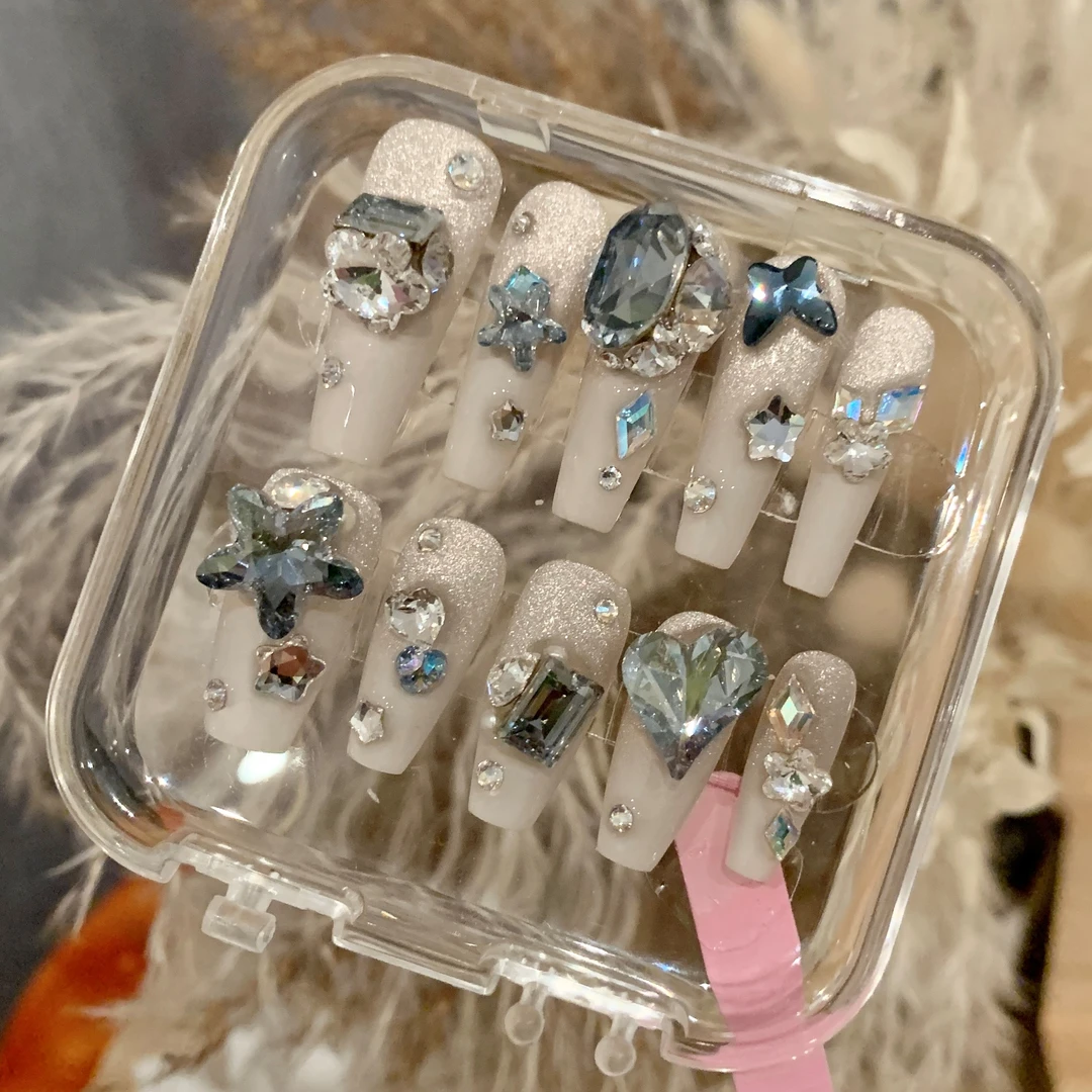 越大王 全华 蓝色魅影细闪米白渐变高端爆闪气质纯手工定制穿戴甲