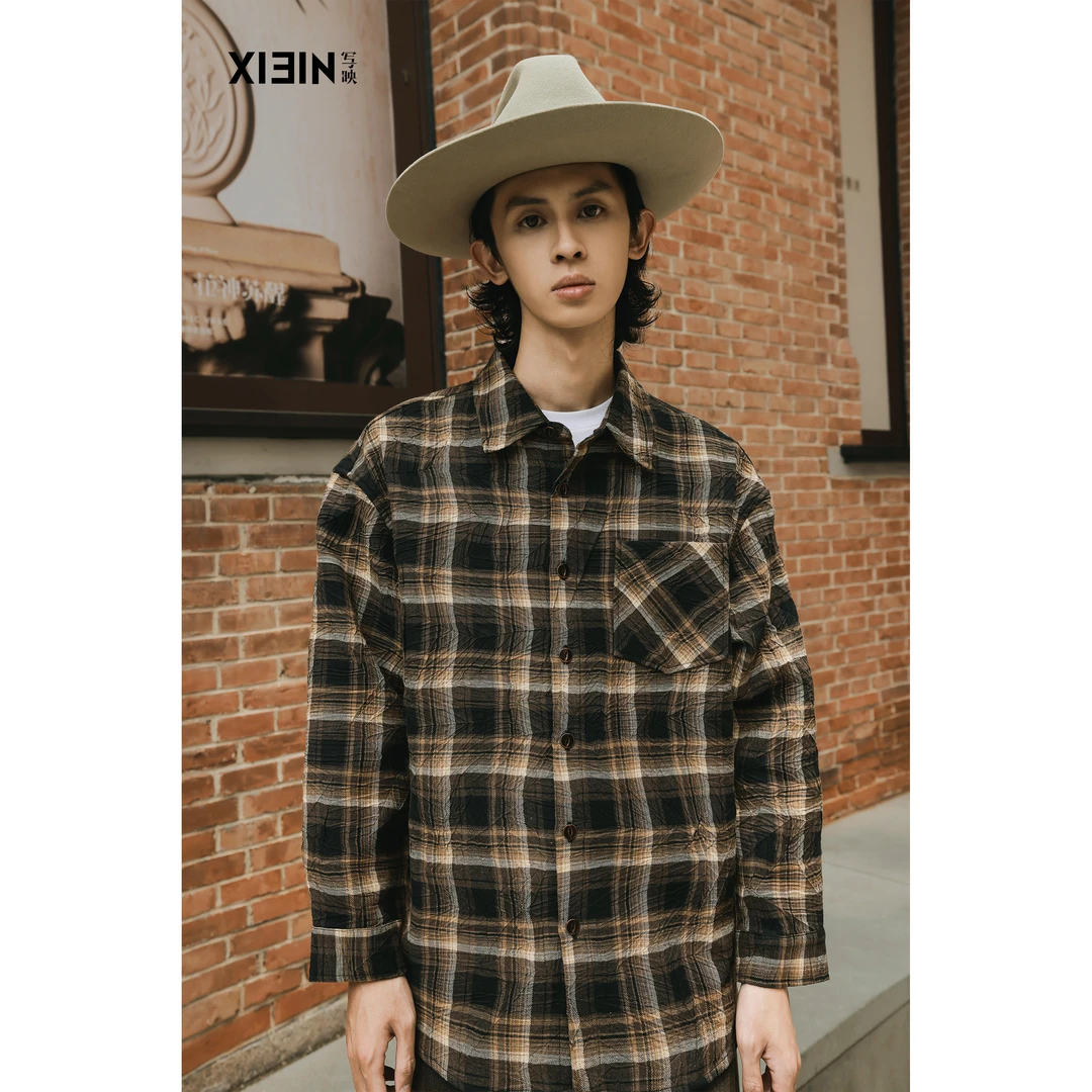 XIEIN写映 设计师男装 2024秋复古褶皱格纹长衬