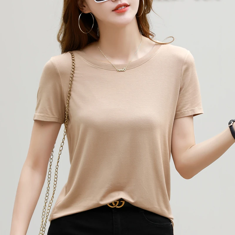 莫代尔短袖t恤女2024夏装新款纯色圆领简约薄款打底衫半袖上衣