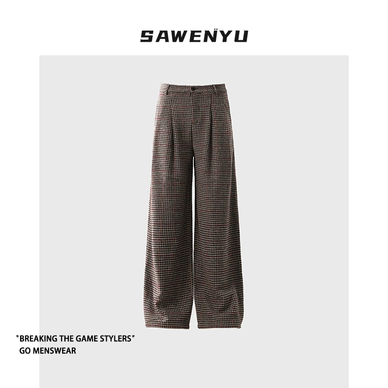 美式复古高级感小众千鸟格休闲呢料长裤坠感直筒拖地英伦风裤子男
