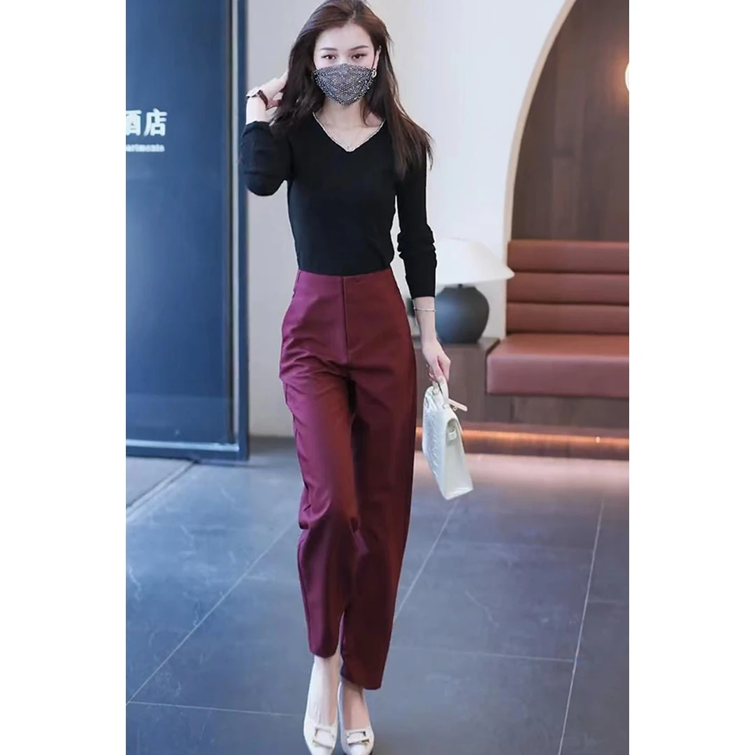 酒红色西装哈伦裤女春秋高腰显瘦直筒裤2025新款小脚九分烟管裤子