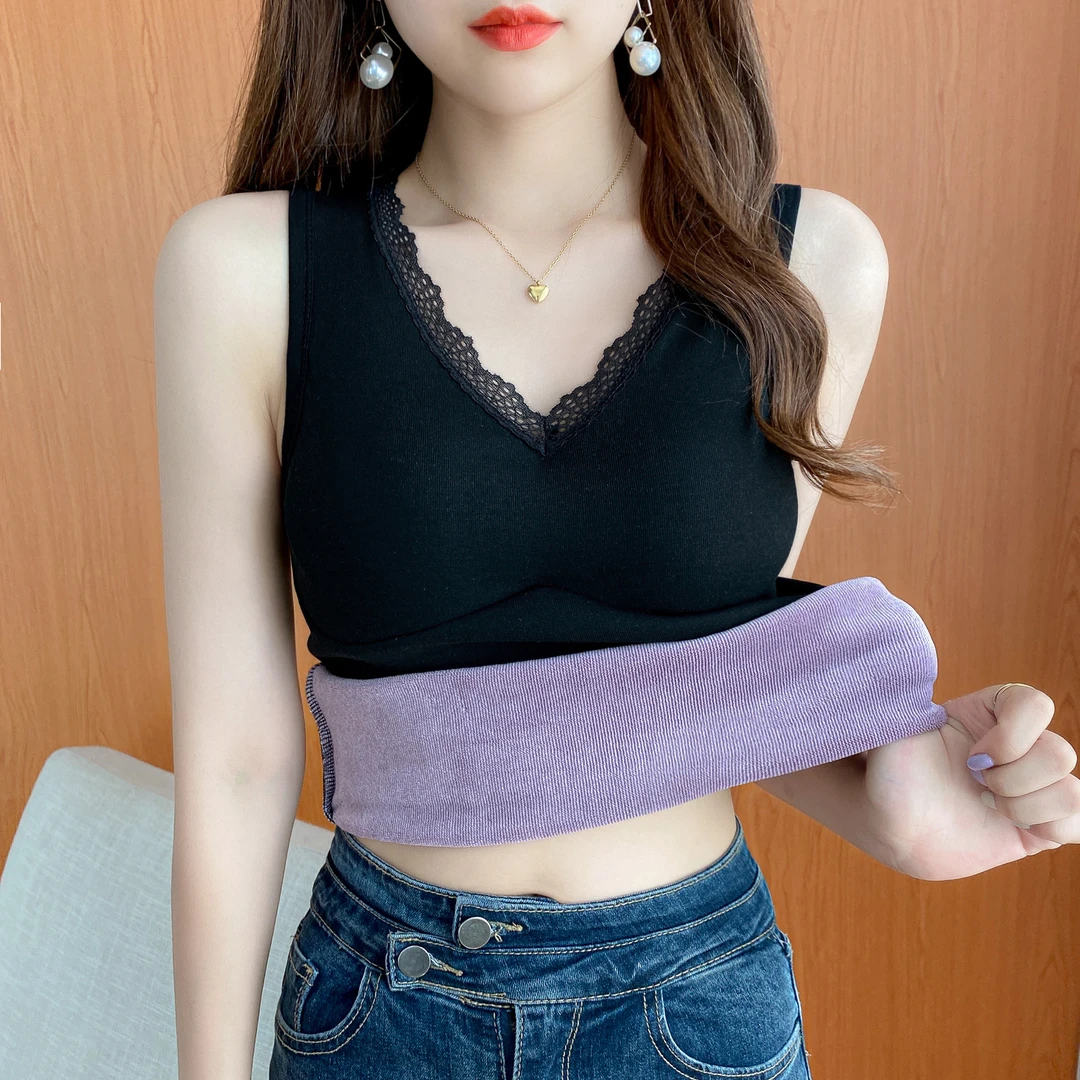 高定版】秋冬保暖背心女加绒加厚一体绒吊带胸垫V领上衣女内搭打底