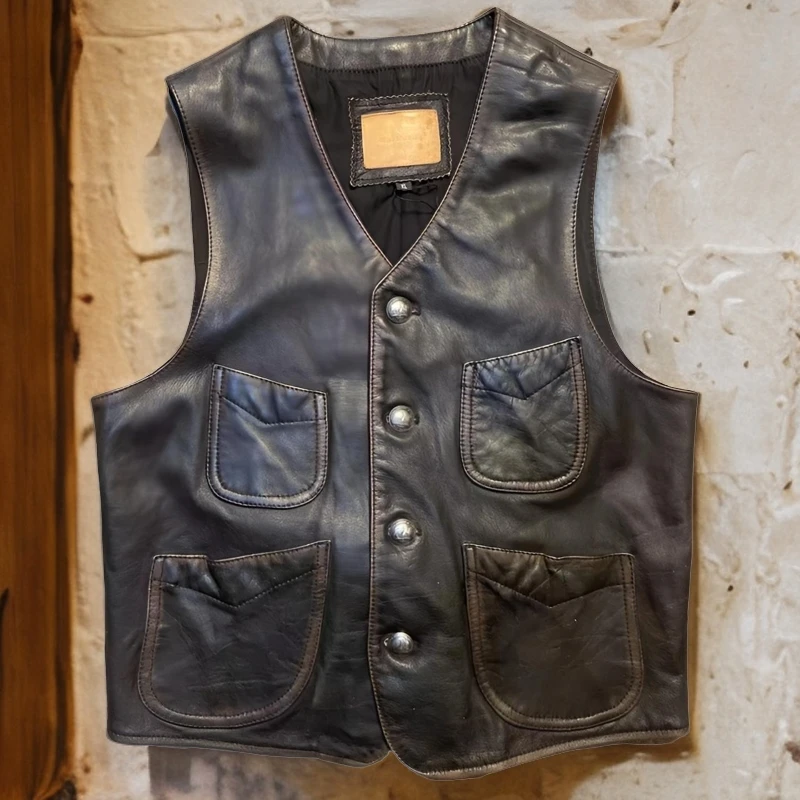 Stylish villain 头层牛皮复古做旧茶芯色修身休闲V领马甲皮衣男