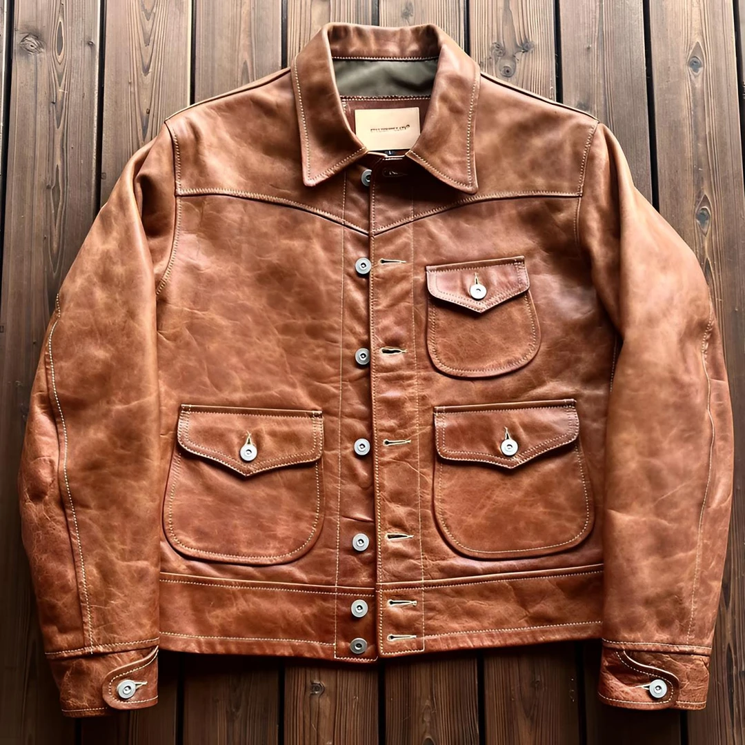 2024新款头层牛皮全植鞣男士休闲短款复古农场主三兜猎装皮衣男