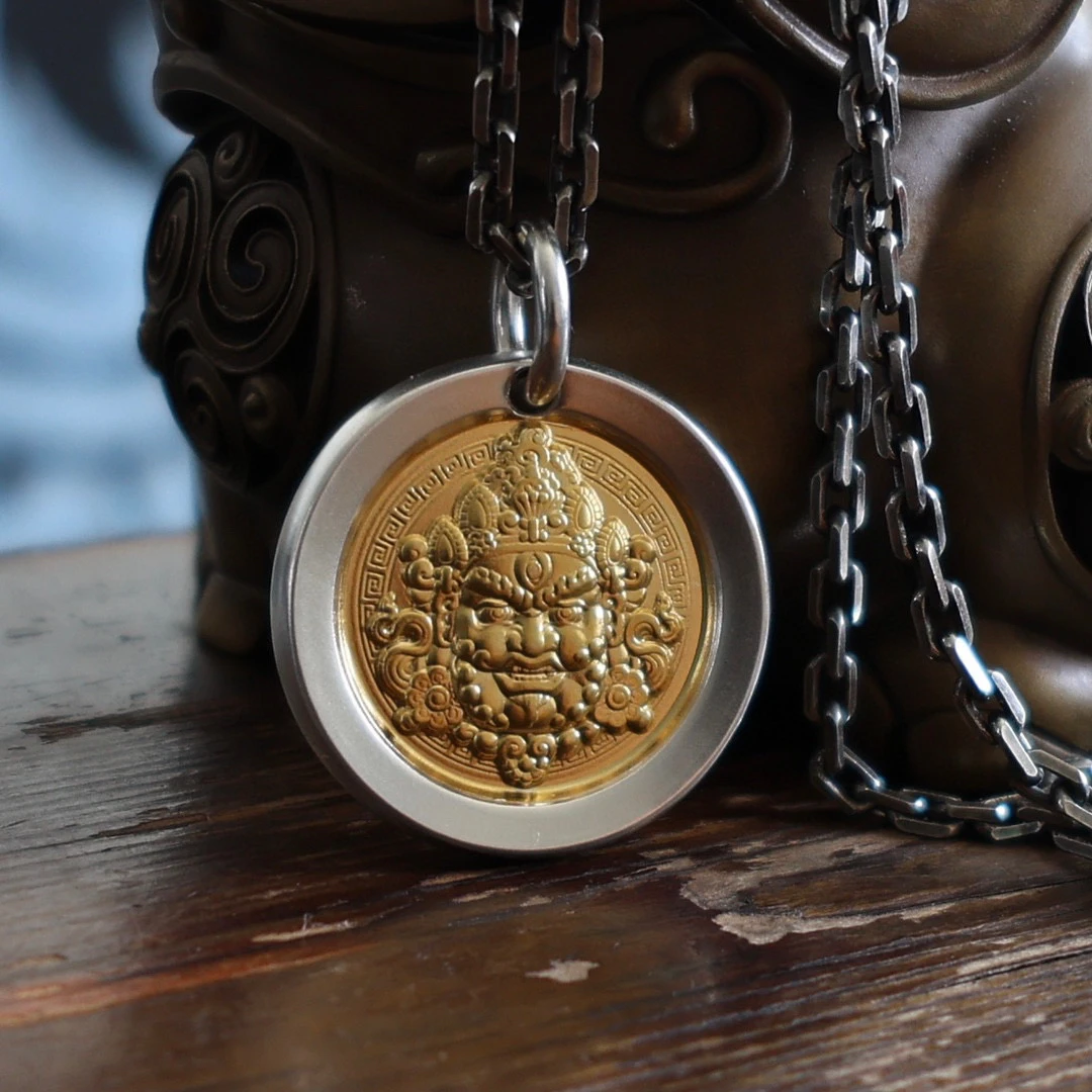 吊坠足银 纯银【镶金黄财神】吊坠 套链 国风设计 直径29mm 20克