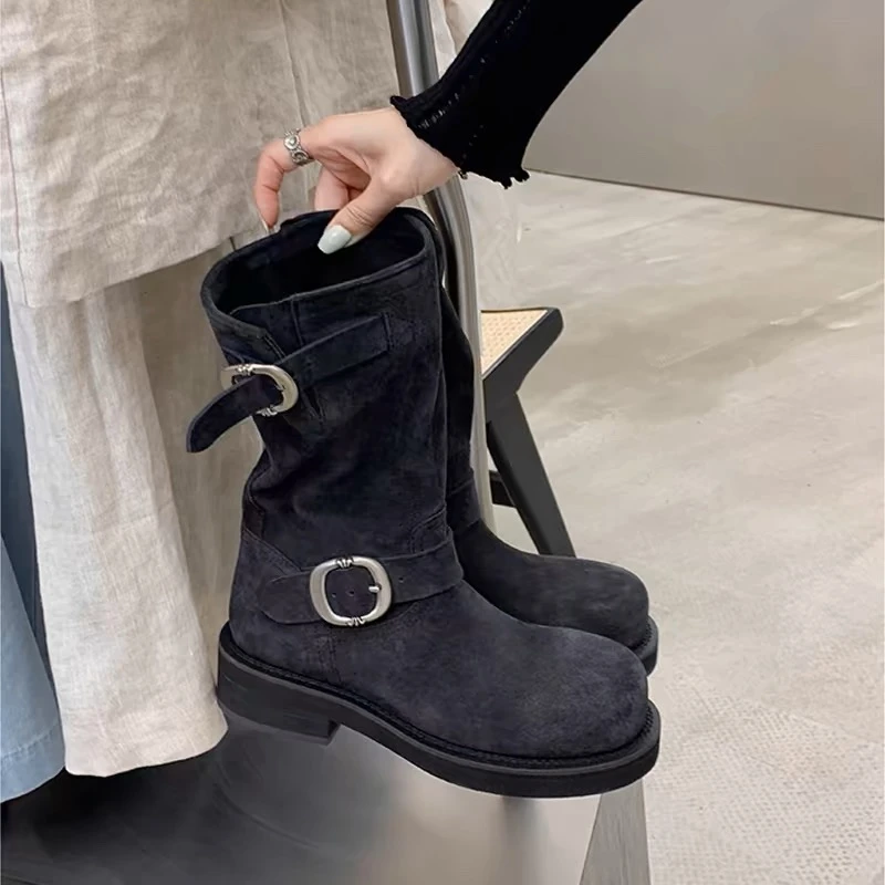 【年终清仓】秋冬新款英伦风复古超软堆堆靴圆头厚底金属扣带马丁靴