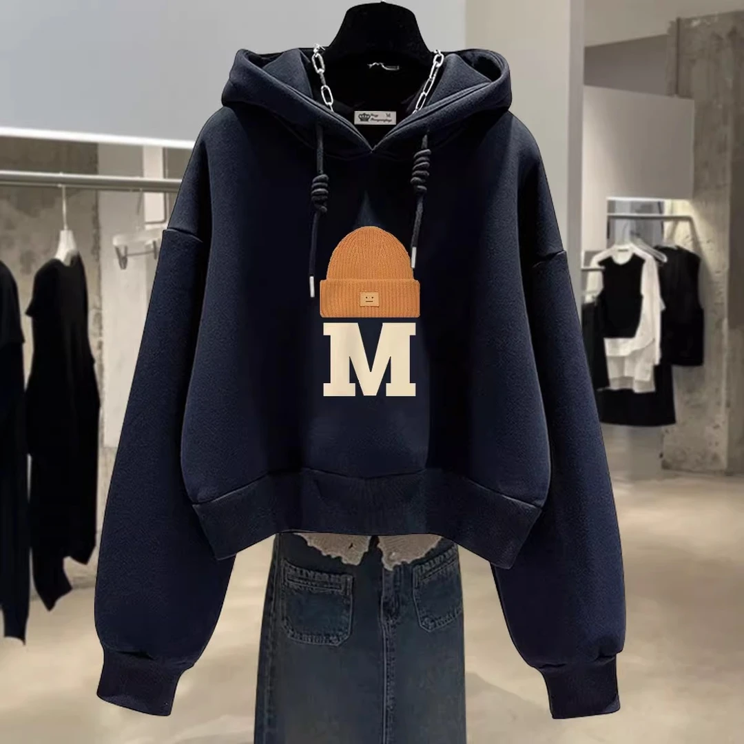 黑色连帽卫衣女宽松加绒2025秋冬新款设计感潮牌休闲带帽短款外套