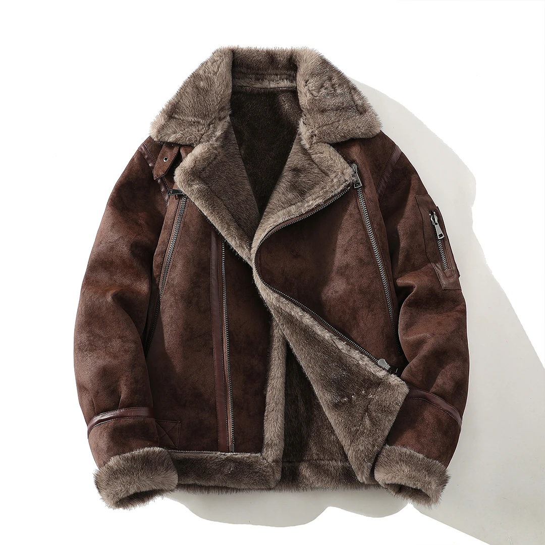 设计感2024冬季皮毛一体加绒加厚翻领皮夹克外套男士皮衣机车服潮