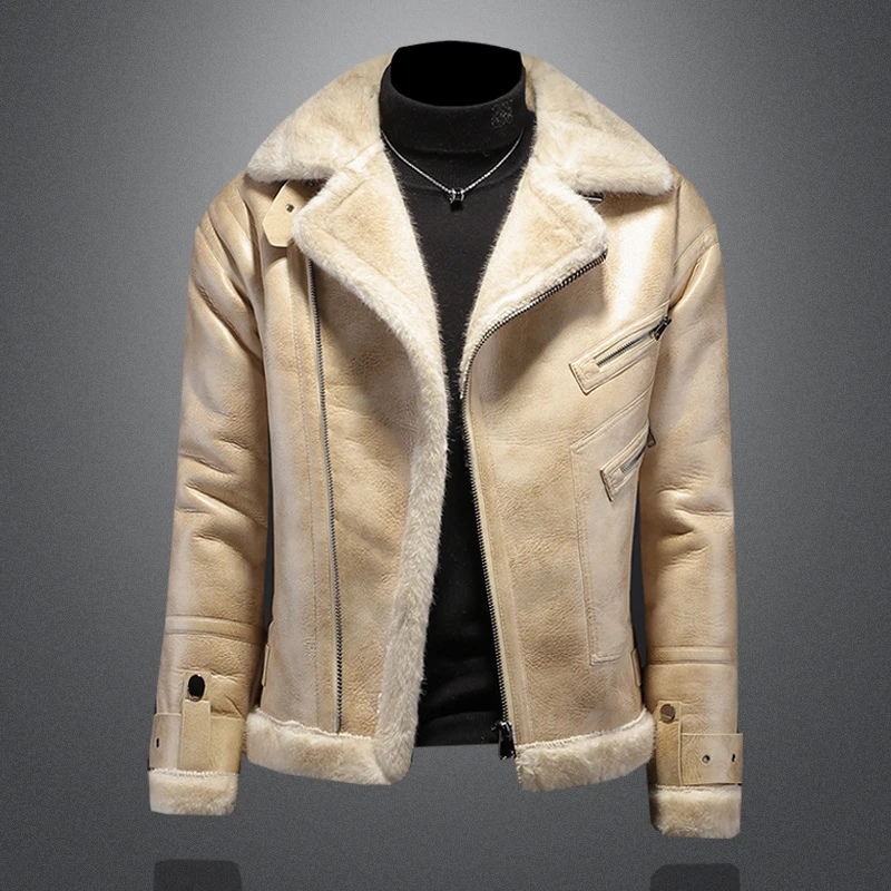 2024冬季皮毛一体外套男士加绒加厚翻领皮夹克时尚机车服男皮棉袄