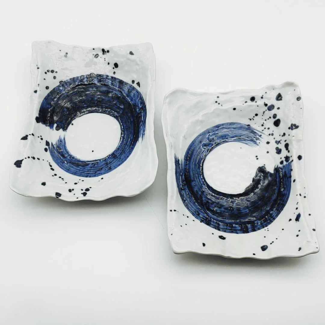 日本进口陶瓷日式手作粗陶餐具刷毛蓝彩图案家用长方形炒菜盘多用