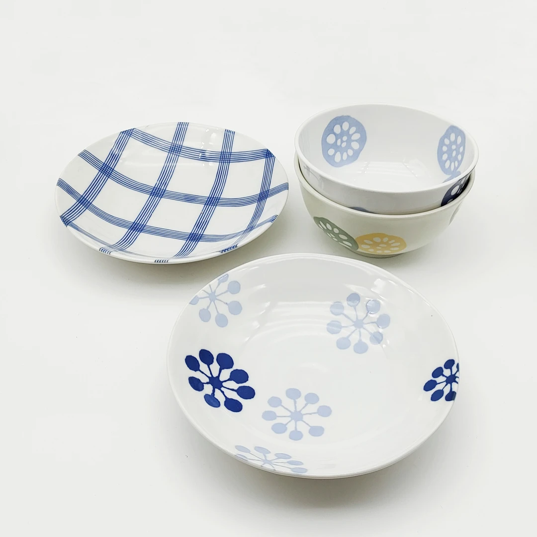 日本进口釉下彩日式莲藕图案轻量陶瓷餐具多用碗盘系列