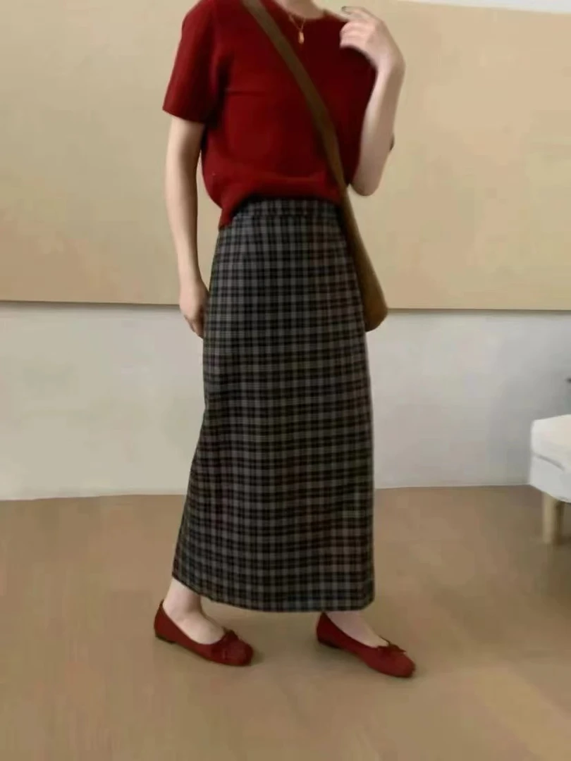 丽姐 秋季卡蔓诗韩版格子裙显瘦A字半身中长裙2318