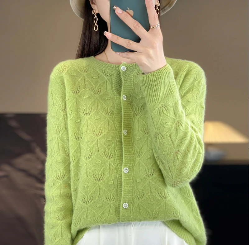 100%纯羊毛宽松女圆领镂空提花长袖针织外套宽松毛衣秋冬上衣