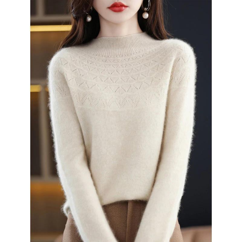 【反季清】100%羊毛衫女半高领打底衫新款镂空时尚百搭宽松毛衣