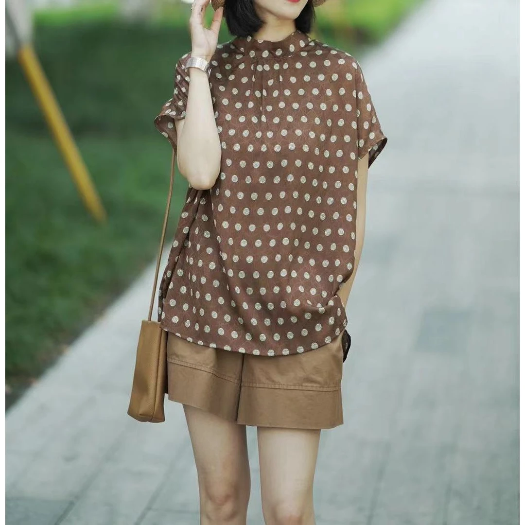 百搭休闲衬衣2024夏季新款小衫短袖洋气轻奢印花波点上衣女1396