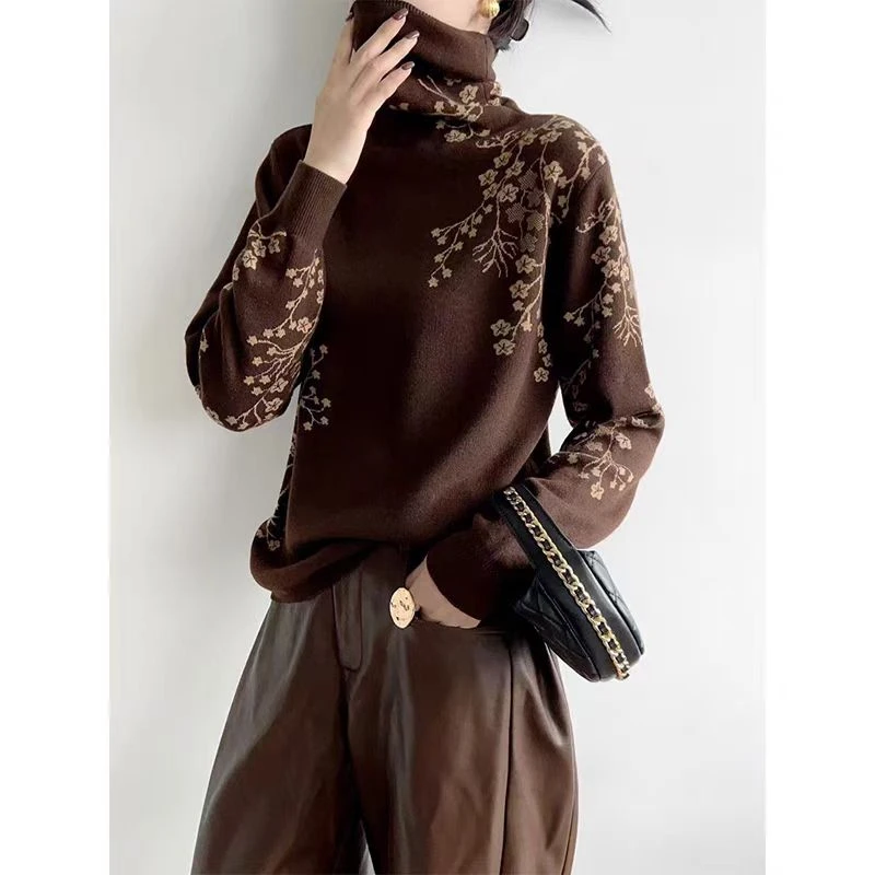 梅花撞色堆堆领套头针织衫女秋冬新款宽松显瘦花色打底衫2824