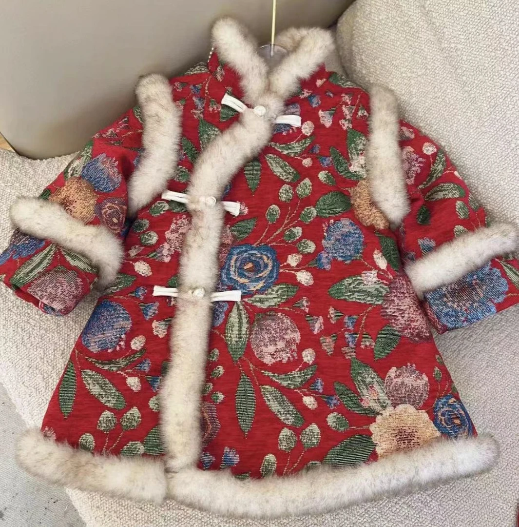 童装女童宝宝唐装加厚中国风拜年服复古加绒小童女宝民族风