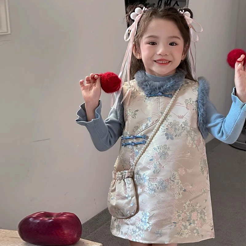 女童加厚中国风秋冬拜年服复古民族风连衣裙