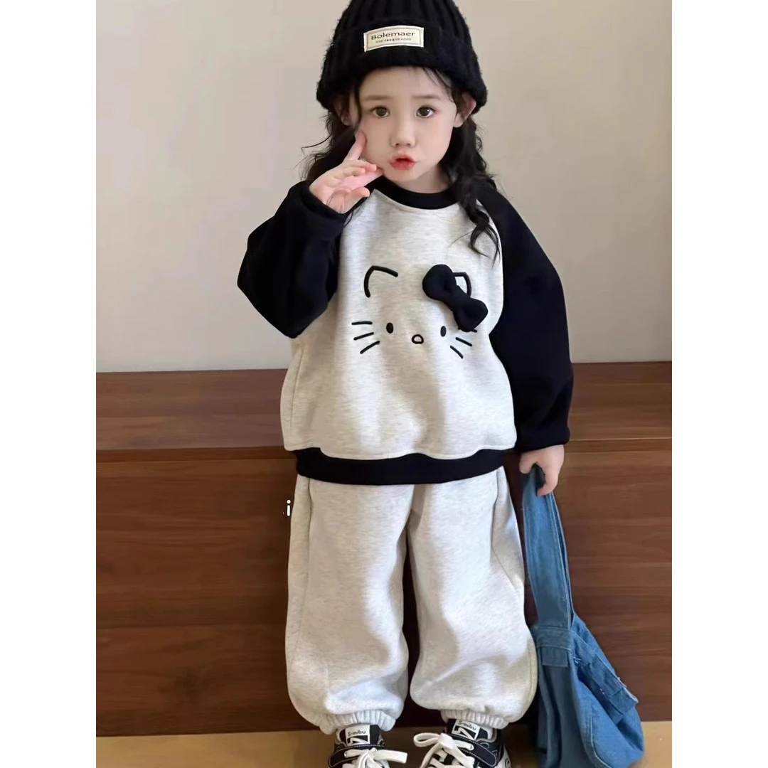 韩国女童休闲加绒卫衣24新款卡通图案百搭幼儿园宝宝冬款加厚套装
